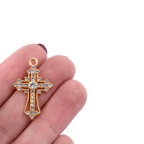 Pingente Crucifixo Cravejado 28X19Mm Em Zamac Com 30 Pecas