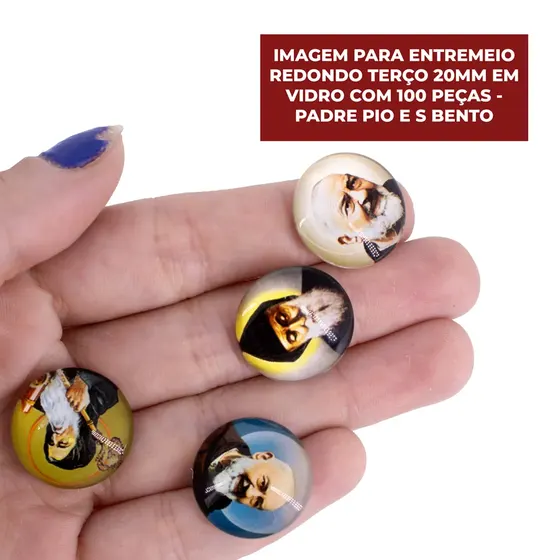 Cabochon Imagem Para Terco Redondo 20Mm Em Vidro Com 100 Pecas - Padre Pio E S Bento