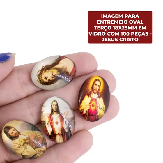 Cabochon Com Imagem Para Terco Oval 18X25Mm Em Vidro Com 100 Pecas - Jesus Cristo