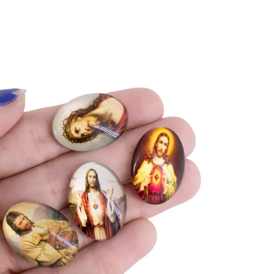 Cabochon Com Imagem Para Terco Oval 18X25Mm Em Vidro Com 100 Pecas - Jesus Cristo