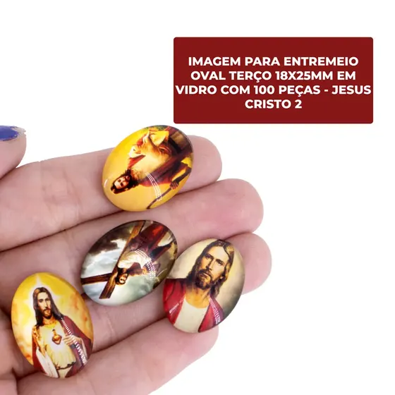 Cabochon Com Imagem Para Terco Oval 18X25Mm Em Vidro Com 100 Pecas - Jesus Cristo 2