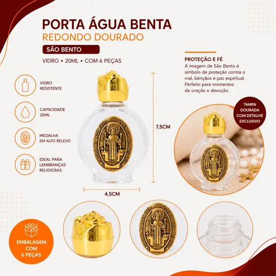 Porta Agua Benta Redondo Dourado Em Vidro 20Ml Com 6 Pecas - Sao Bento