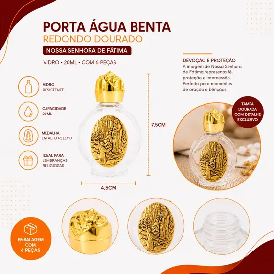 Porta Agua Benta Redondo Dourado Em Vidro 20Ml Com 6 Pecas - N S Fatima