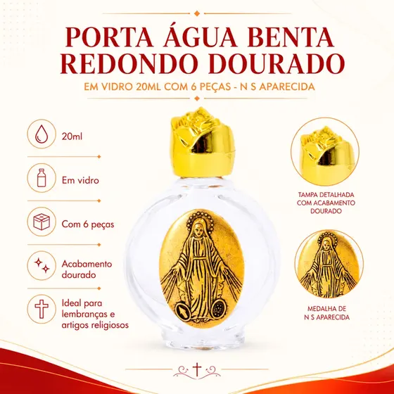 Porta Agua Benta Redondo Dourado Em Vidro 20Ml Com 6 Pecas - N S Aparecida