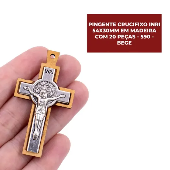 Pingente Crucifixo Inri 54X30Mm Em Madeira Com 20 Pecas