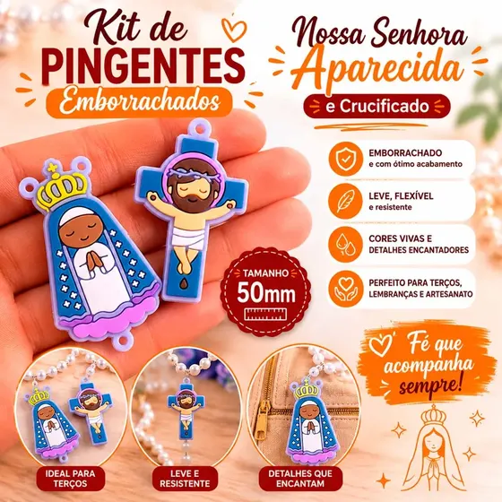 Kit Aplique Para Terco Nossa Senhora Aparecida E Cruz 50Mm Emborrachado Com 100 Pecas