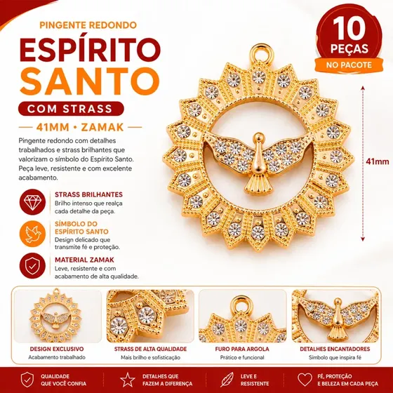 Pingente Redondo Cravejado 41Mm Espirito Santo Em Zamak Com 10 Pecas