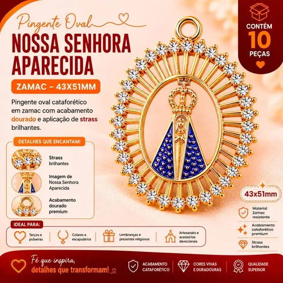 Pingente Redondo Cravejado 43X51Mm N.S Aparecida Em Zamak Com 10 Pecas