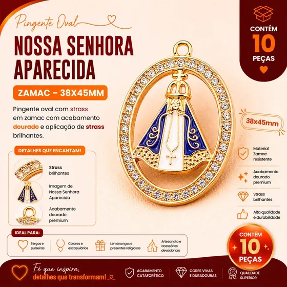 Pingente Oval Cravejado N.S Aparecida 38X45Mm Em Zamak Com 10 Pecas