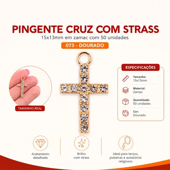 Pingente Cruz Com Strass 15X13Mm Em Zamac Com 50 Unidades - 073 Dourado