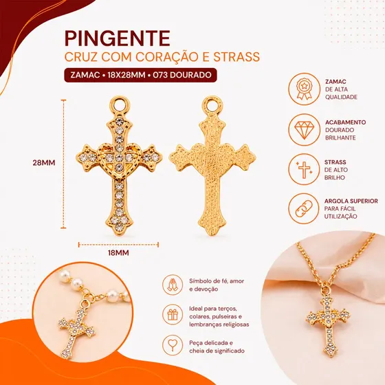 Pingente Cruz Com Coracao E Strass 18X28Mm Em Zamac Com 30 Unidades - 073 Dourado