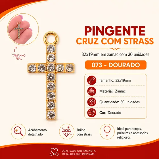 Pingente Cruz Com Strass 32X19Mm Em Zamac Com 30 Unidades - 073 Dourado