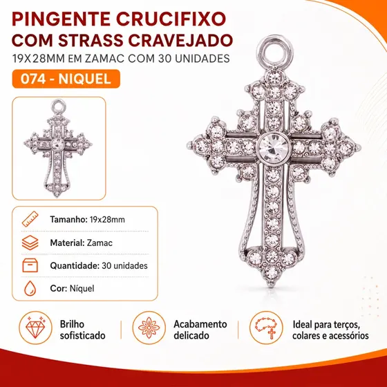 Pingente Crucifixo Com Strass Cravejado 19X28Mm Em Zamac Com 30 Unidades - 074 Niquel
