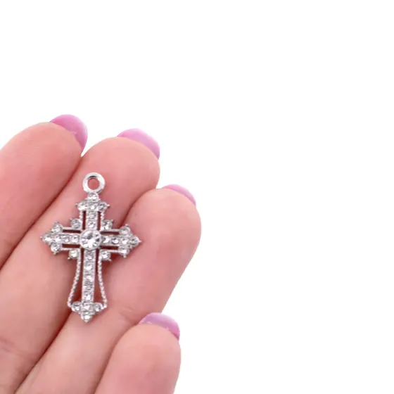 Pingente Crucifixo Com Strass Cravejado 19X28Mm Em Zamac Com 30 Unidades - 074 Niquel