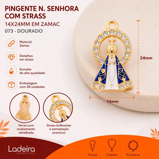 Pingente N. Senhora Com Strass 14X24Mm Em Zamac Com 30 Unidades - 073 Dourado