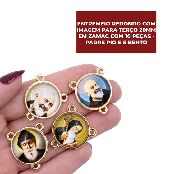 Entremeio Redondo Com Imagem Para Terco 20Mm Em Zamac Com 10 Pecas - Padre Pio E S Bento