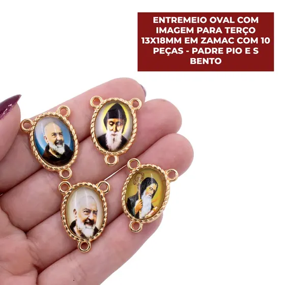 Entremeio Oval Com Imagem Para Terco 13X18Mm Em Zamac Com 10 Pecas - Padre Pio E S Bento