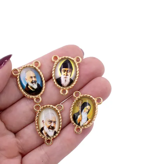 Entremeio Oval Com Imagem Para Terco 13X18Mm Em Zamac Com 10 Pecas - Padre Pio E S Bento