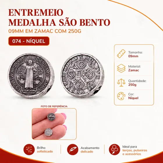 Entremeio Medalha Sao Bento 09Mm Em Zamac Com 250G