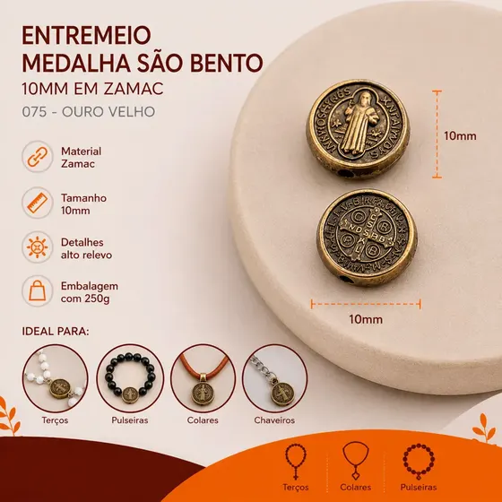 Entremeio Medalha Sao Bento 10Mm Em Zamac Com 250G