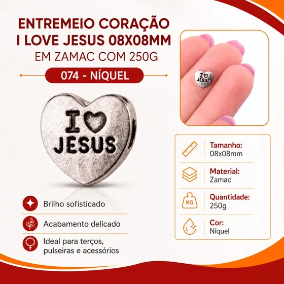 Entremeio Coracao I Love Jesus 08X08Mm Em Zamac Com 250G
