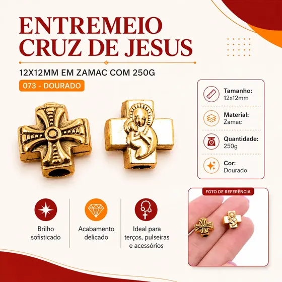 Entremeio Cruz De Jesus 12X12Mm Em Zamac Com 250G - 073 Dourado