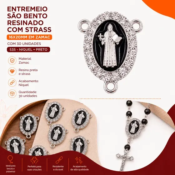Entremeio Sao Bento Resinado Com Strass 16X20Mm Em Zamac Com 30 Unidades