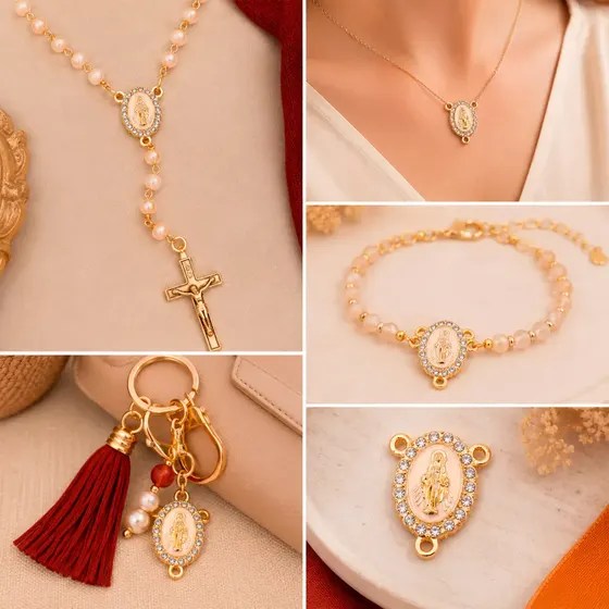 Entremeio N.S Das Gracas Resinado Com Strass 16X20Mm Em Zamac Com 30 Unidades - Bege + Dourado