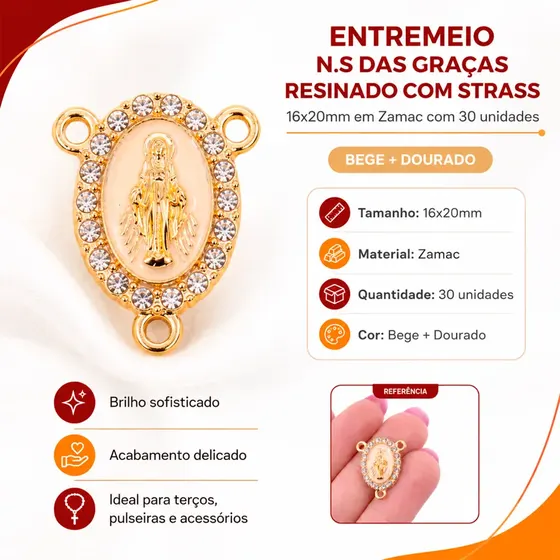 Entremeio N.S Das Gracas Resinado Com Strass 16X20Mm Em Zamac Com 30 Unidades - Bege + Dourado