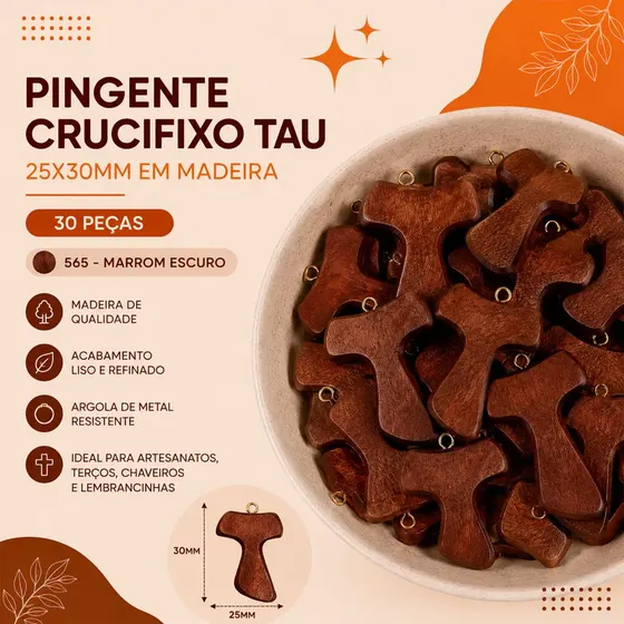 Pingente Crucifixo Tau 25X30Mm Em Madeira Com 30 Pecas