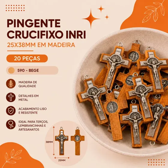 Pingente Crucifixo Inri 25X38Mm Em Madeira Com 20 Pecas