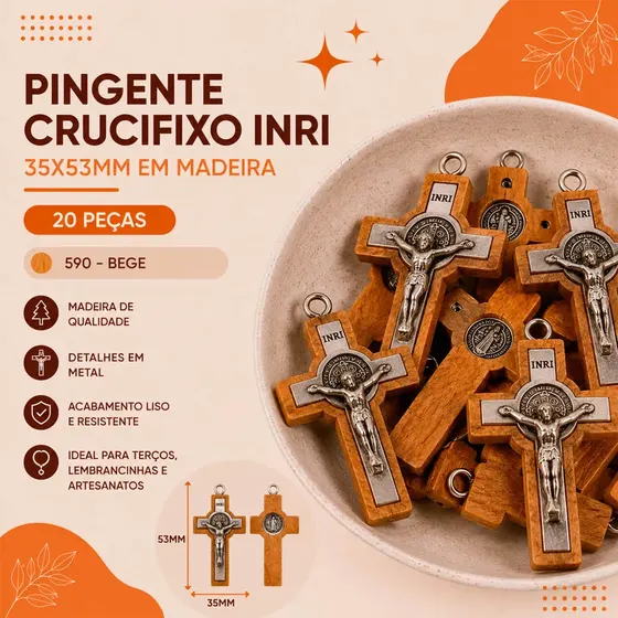 Pingente Crucifixo Inri E Sao Bento 35X53Mm Em Madeira Com 20 Pecas