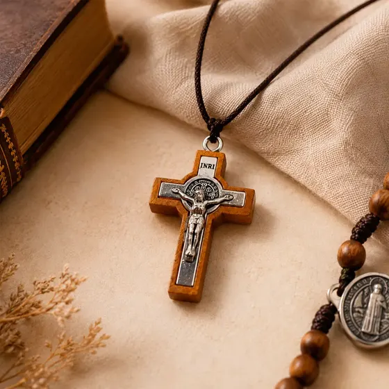 Pingente Crucifixo Inri E Sao Bento 35X53Mm Em Madeira Com 20 Pecas