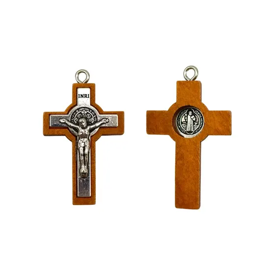 Pingente Crucifixo Inri E Sao Bento 35X53Mm Em Madeira Com 20 Pecas
