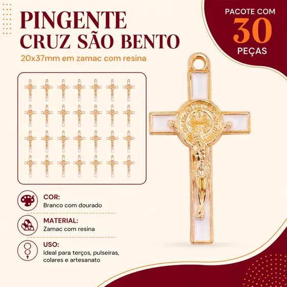 Pingente Crucifixo Sao Bento 20X37Mm Em Zamac Com Resina 30 Pecas