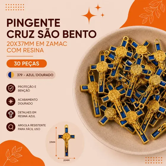 Pingente Cruz Sao Bento 20X37Mm Em Zamac Com Resina 30 Pecas