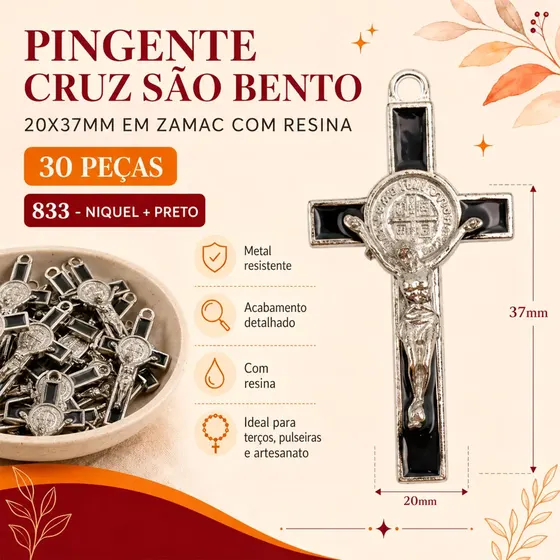 Pingente Cruz Sao Bento 20X37Mm Em Zamac Com Resina 30 Pecas