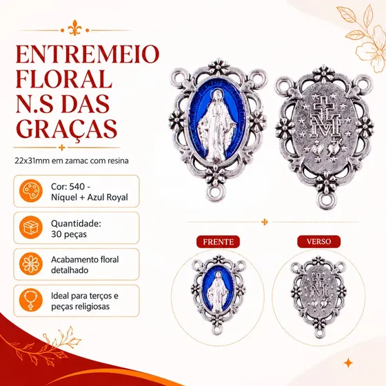 Entremeio Floral N.S Das Gracas 22X31Mm Em Zamac Com Resina 30 Pecas