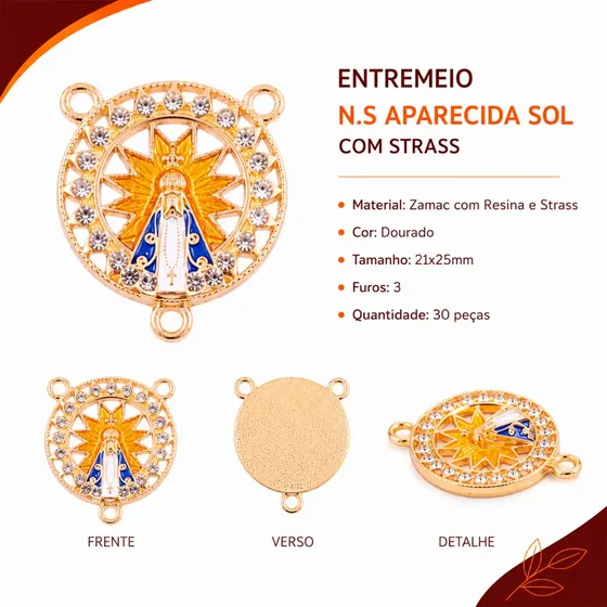 Entremeio N.S Aparecida Sol Com Strass 21X25Mm Em Resina Com 30 Pecas