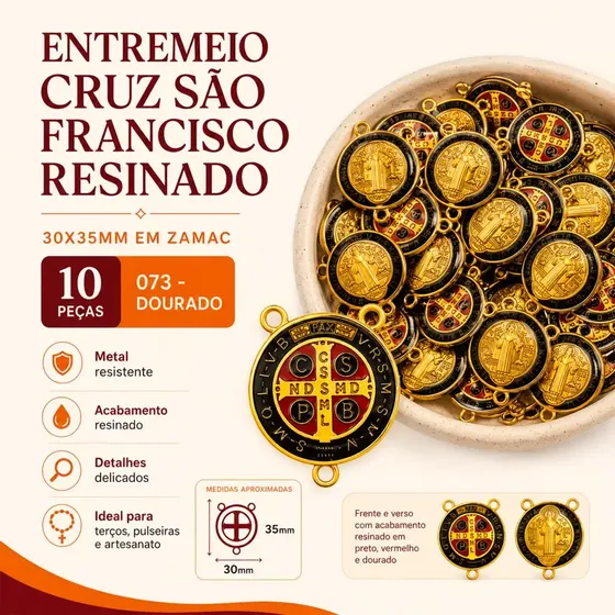 Entremeio Cruz Sao Francisco Resinado 30X35Mm Em Zamac Com 10 Pecas - 073 Dourado