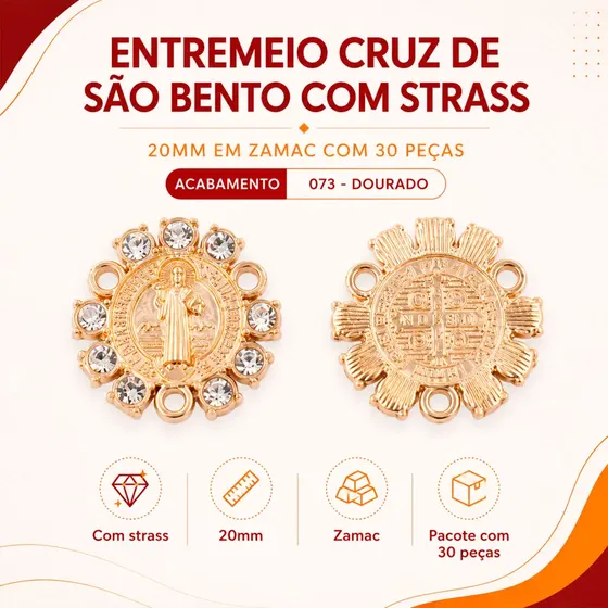 Entremeio Cruz De Sao Bento Com Strass 20Mm Em Zamac Com 30 Pecas