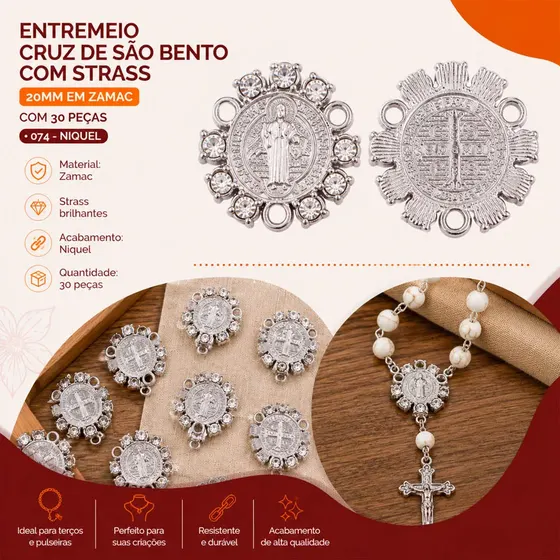Entremeio Cruz De Sao Bento Com Strass 20Mm Em Zamac Com 30 Pecas