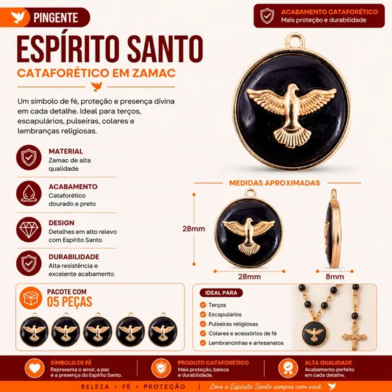 Pingente Cataforetico Espirito Santo Em Zamac Com 05 Pecas - 225 Preto Z25