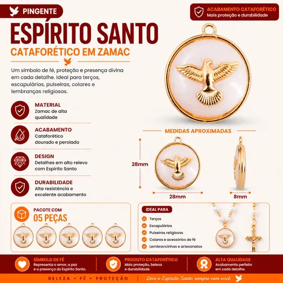 Pingente Cataforetico Espirito Santo Em Zamac Com 05 Pecas 382 - Rose Perolado