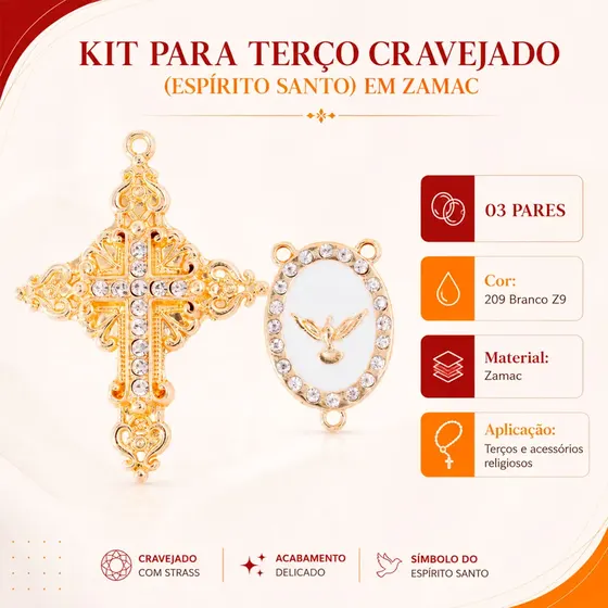 Kit Para Terco Cravejado (Espirito Santo) Em Zamac Com 03 Pares - 209 Branco Z9