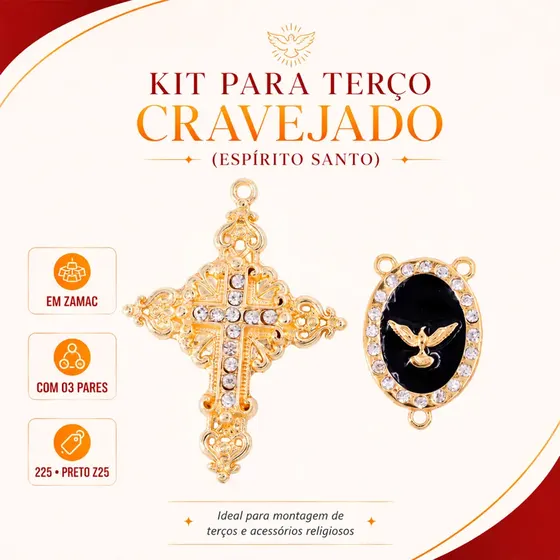 Kit Para Terco Cravejado (Espirito Santo) Em Zamac Com 03 Pares - 225 Preto Z25