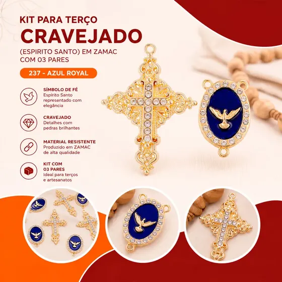 Kit Para Terco Cravejado (Espirito Santo) Em Zamac Com 03 Pares - 237 Azul Royal