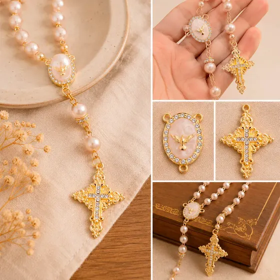 Kit Para Terco Cravejado (Espirito Santo) Em Zamac Com 03 Pares - 382 Rose Perolado