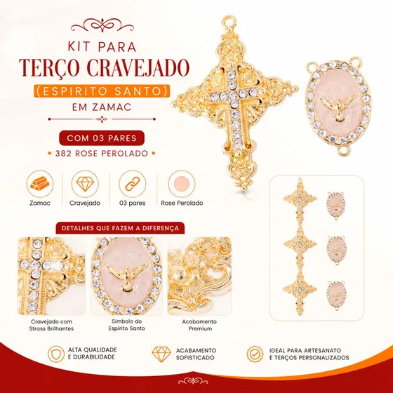 Kit Para Terco Cravejado (Espirito Santo) Em Zamac Com 03 Pares - 382 Rose Perolado