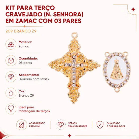 Kit Para Terco Cravejado (N. Senhora) Em Zamac Com 03 Pares - 209 Branco Z9